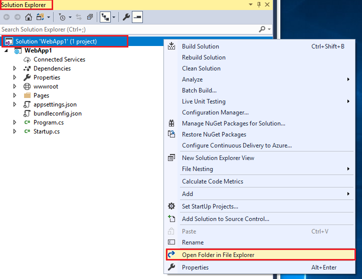 Screenshot of Visual Studio Solution Explorer windows with the Web app application context menu open and Open Folder in File explorer highlighted.